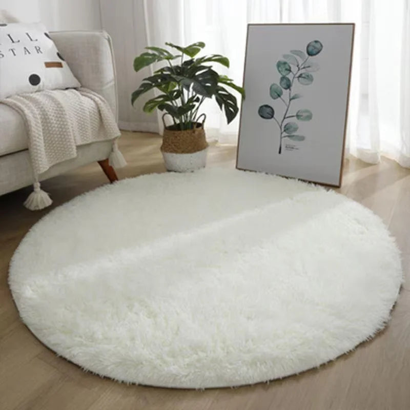 tapis rond peluche doux moderne confortable intérieur salon chambre décoration maison bleu blanc beige