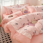 ensemble literie rose gingham nœuds frangés doux girly enfant taies oreiller couverture