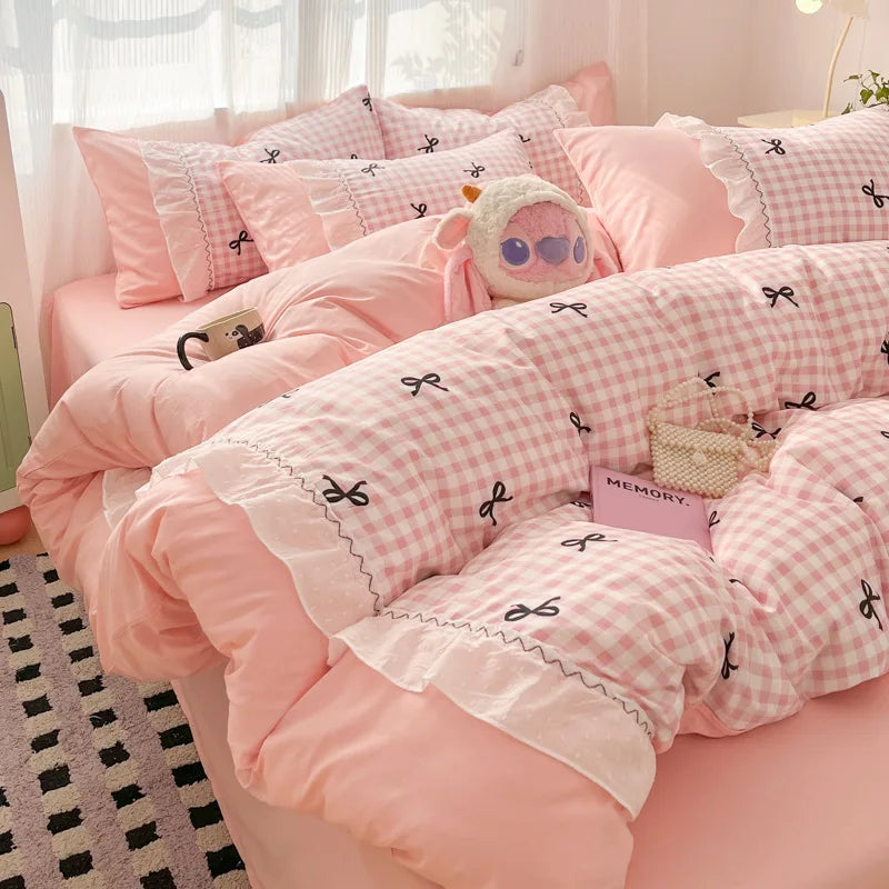 ensemble literie rose gingham nœuds frangés doux girly enfant taies oreiller couverture
