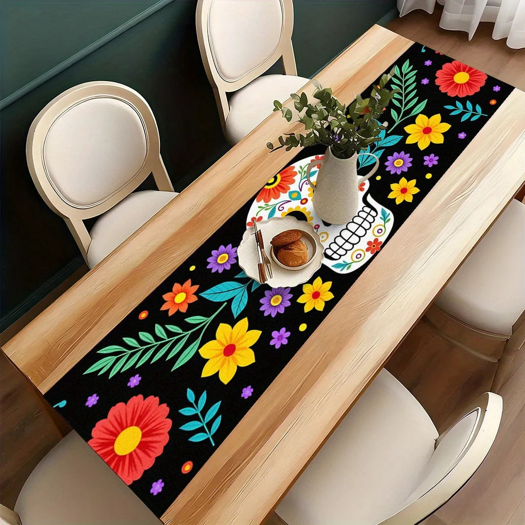 table table motif crânes fleurs colorées festif moderne noir rouge jaune violet vert