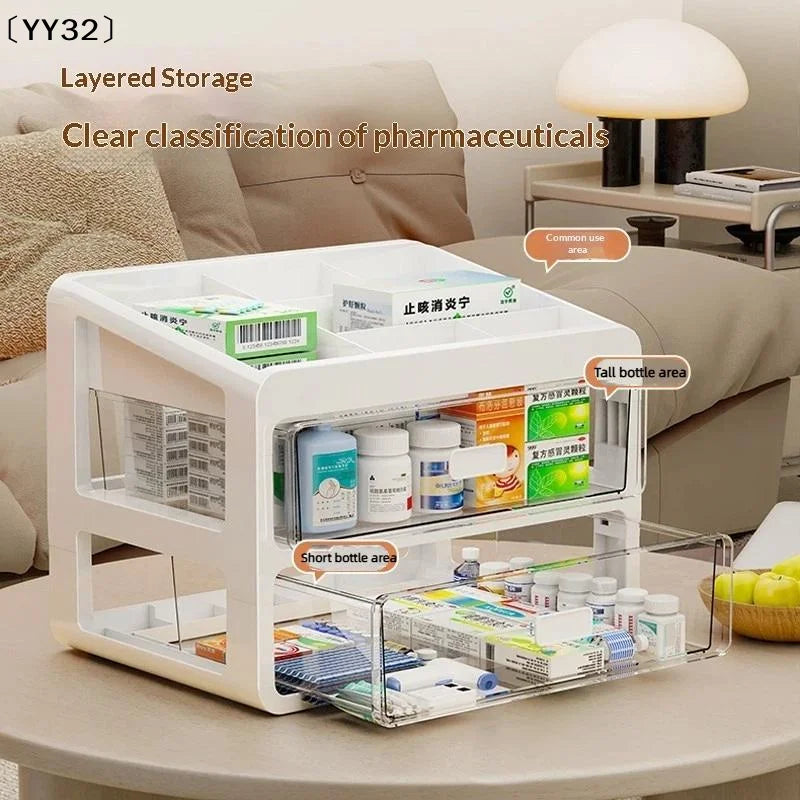 boîte rangement médicaments transparente moderne blanc compartiments bouteilles différentes tailles organisation pharmacie portative