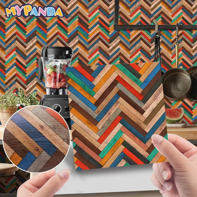autocollant mural géométrique parquet brique moderne décoratif adhésif multicolore bois rouge beige opaque chambre