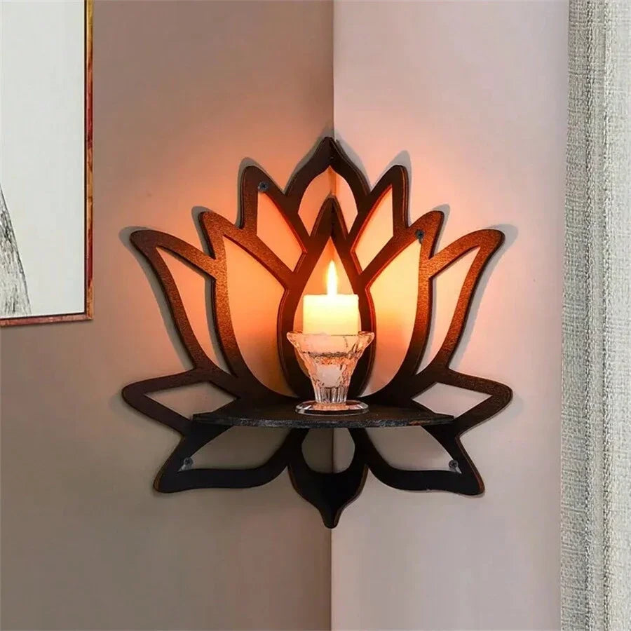 étagère murale décorative lotus bois noir bohème spirituel fixations murales découpes texturées