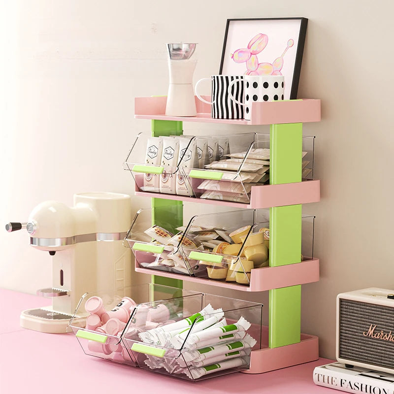 étagère rangement moderne rose verte transparente capsules sachets sucre bouteilles lait tasses station thé
