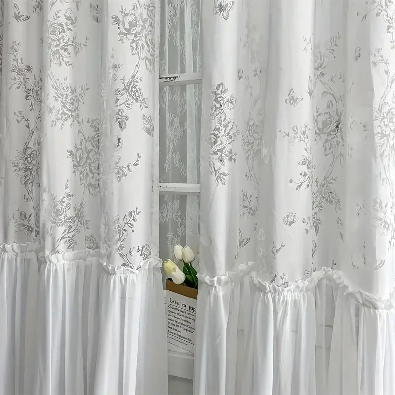 rideau blanc papillon transparent japonais fleurs broderie chambre salon anneaux bordure décorative polyester