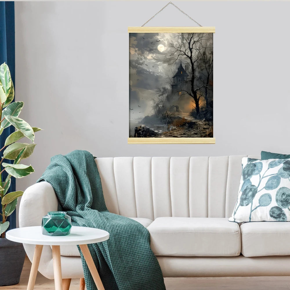 cadre mural moderne feuilles verte toile encadrée bois beige suspension corde minimaliste abstraite