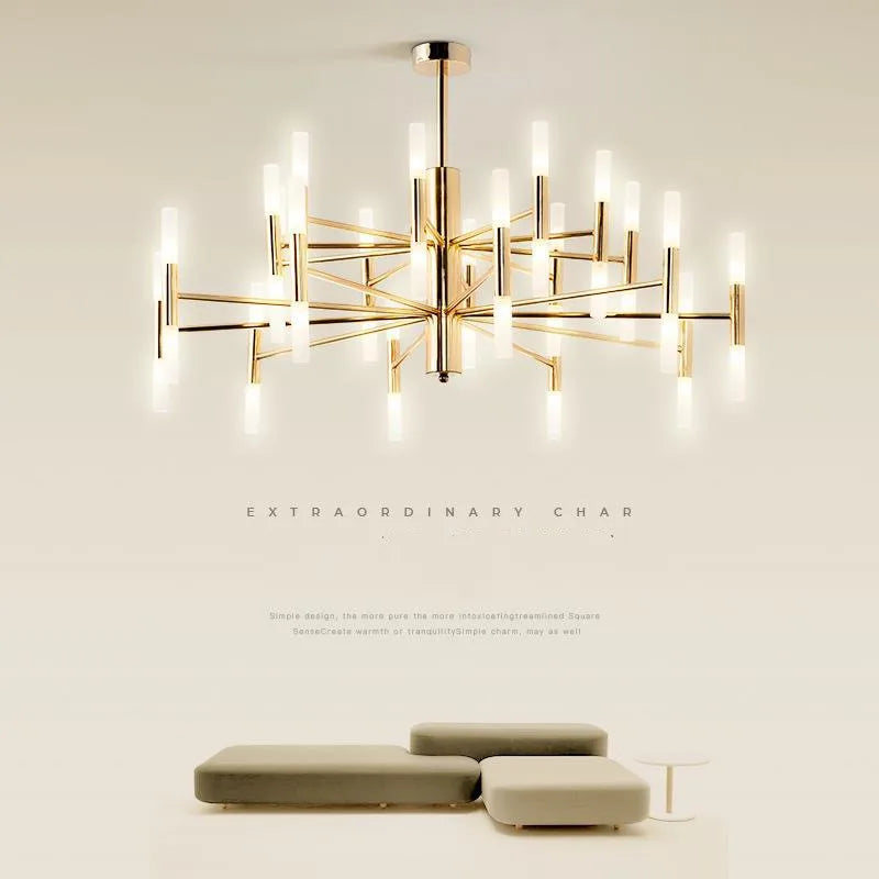 Suspension lumineuse moderne or structure géométrique tubes lumineux fixation crochet éclairage led chambre salon