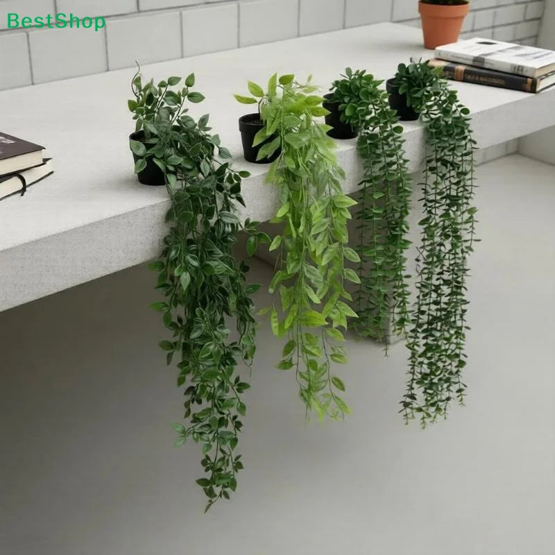plantes artificielles suspendues vert feuilles fines modernes clips pots noirsextérieur décoration chambre balcon