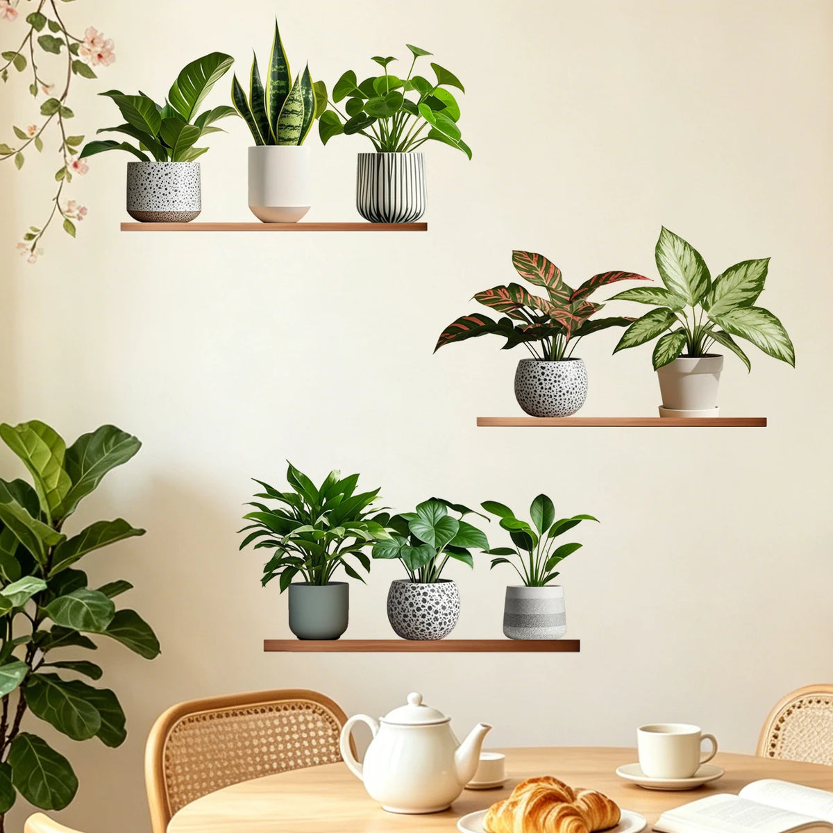 stickers muraux étagères plantes pots bois naturel minimaliste gris blanc modernes