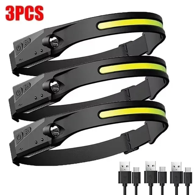 lampe frontale rechargeable led noire jaune mode nuit camping pêche extérieur USB cable sortie