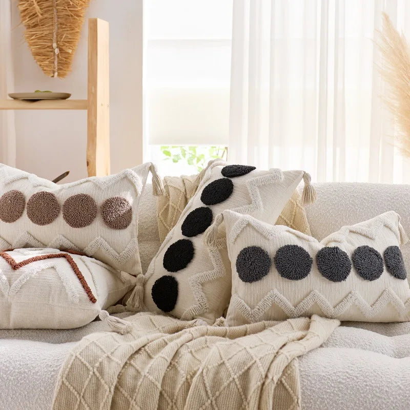 housses coussins chenille géométriques boho chic beige franges adhésives décoration salon voiture 45x45cm 30x50cm