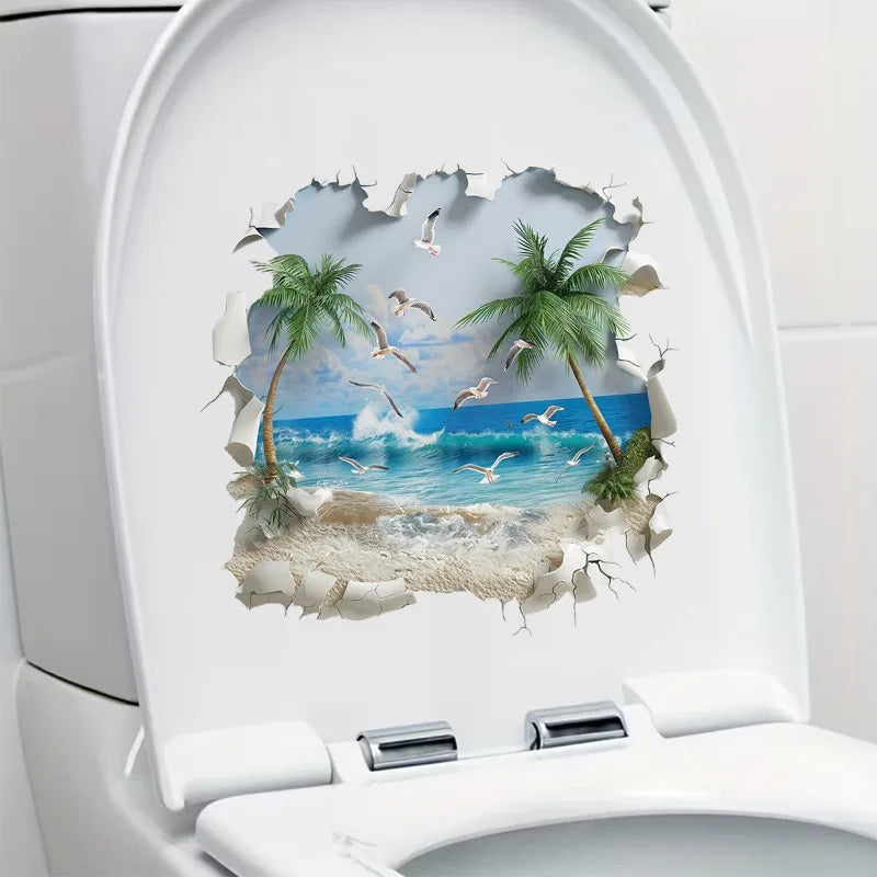 sticker mural 3d paysage marin palmiers oiseaux volants sable bleu vert blanc