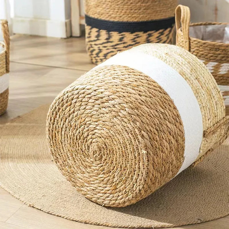 paniers rangement boho blanc rayures naturel bordure noire pliables stockage maison jardin
