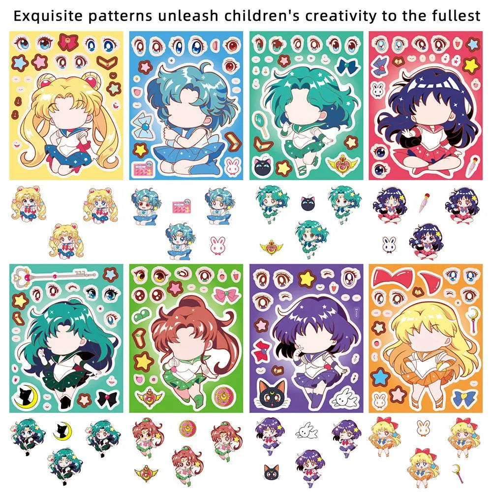 sticker autocollant anime personnages mignon géométrique rouge bleu vert jaune violet décoration bouteille carnet
