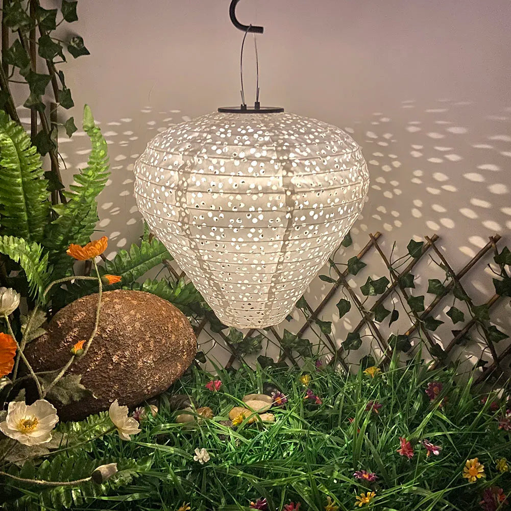 lanterne solaire led florale traditionnelle blanc rouge vert rose crochets tissu nylon opaque festive