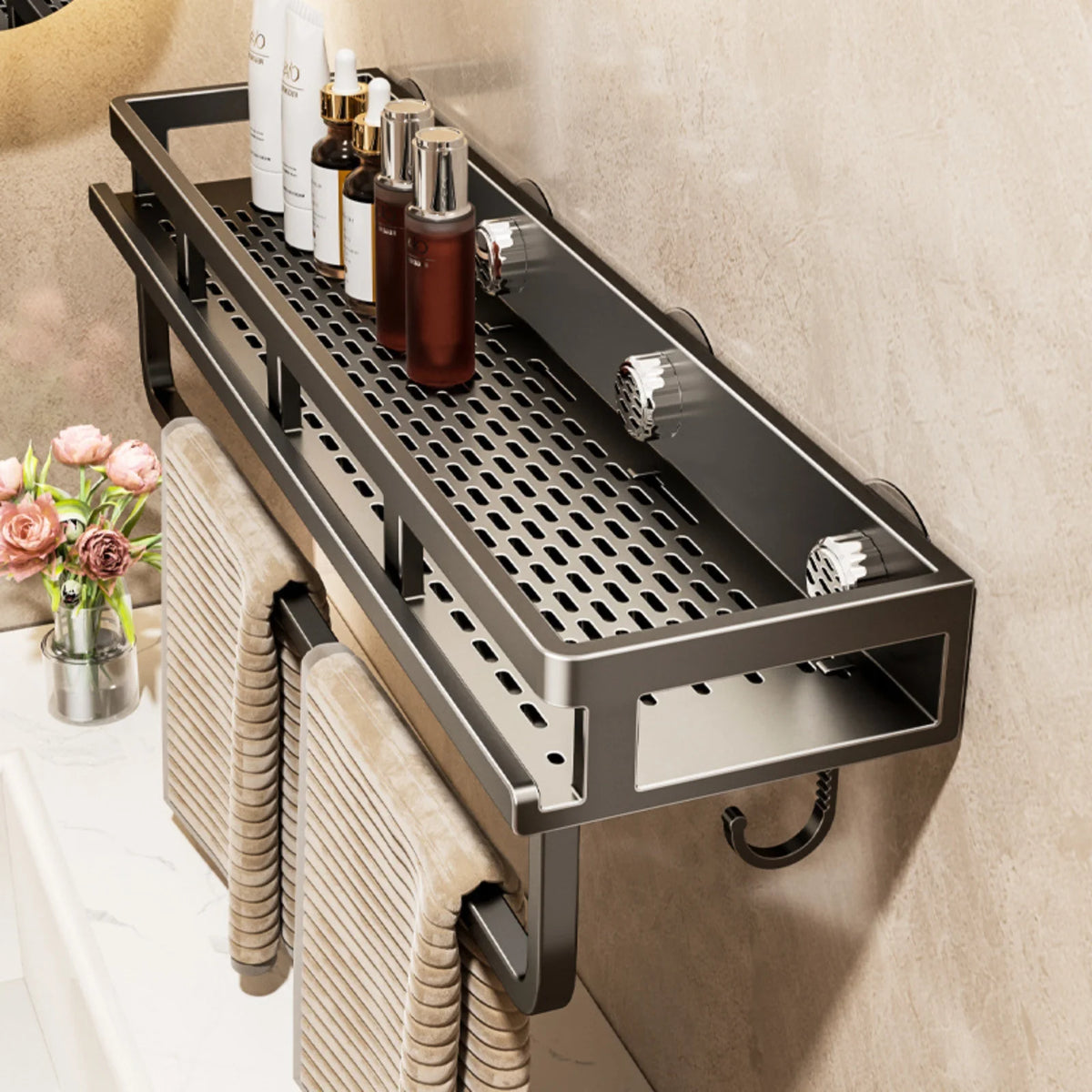 étagère murale aluminium perforée noire adhésive salle bain moderne organisateur suspendu toiletterie support