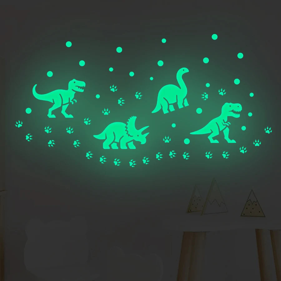 sticker mural lumineux dinosaure vert fluo empreintes pattes adhésif moderne enfantin chambre jeu decoration