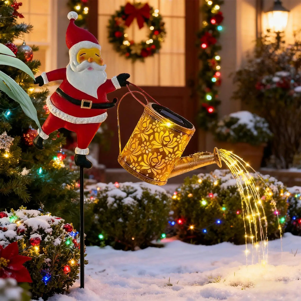 décoration noël père noël arrosoir lumineux rouge blanc doré festive extérieure jardin métal fixe