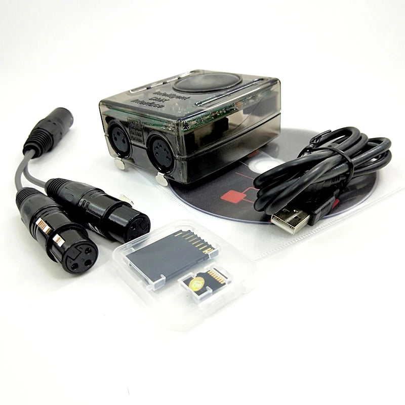 contrôleur dmx transparent noir circuit imprimé câble xlr carte mémoire câble usb technologie