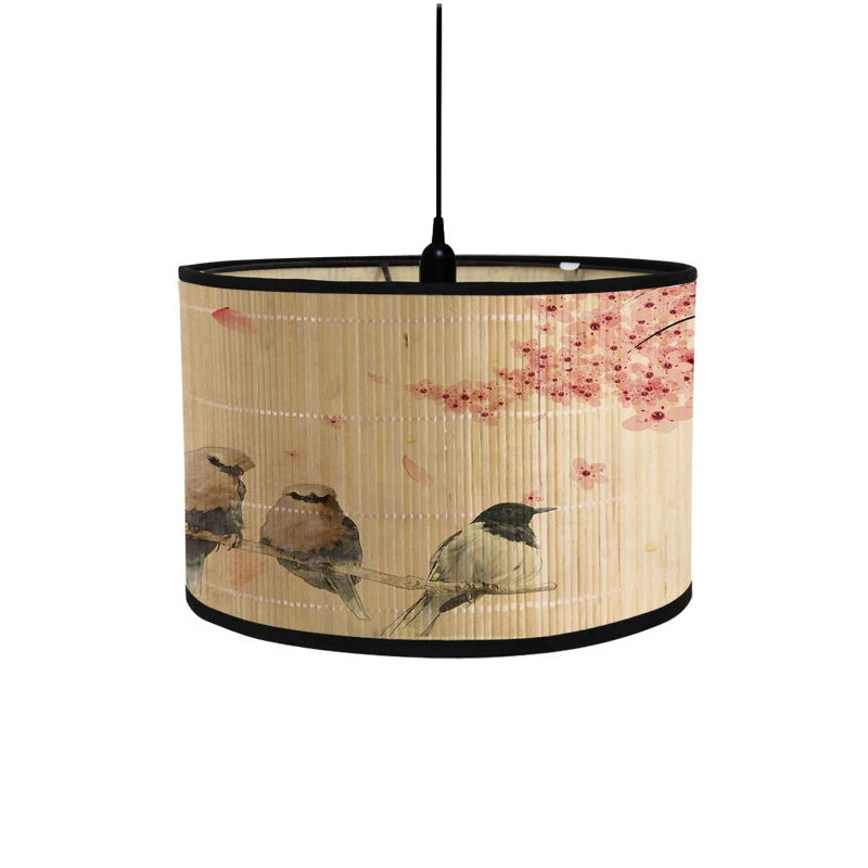 abat jour artisanal bambou illustration paysage oiseaux fleurs tringle contemporain