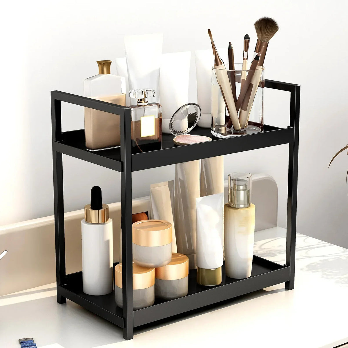 rangements cosmétiques étagère noir blanc moderne conteneurs brosse miroir produits beauté