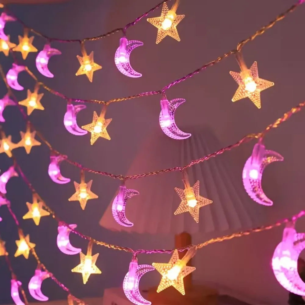 guirlande lumineuse lunes étoiles violet doré décoration chambre salon fêtes vacances 3v batterie led
