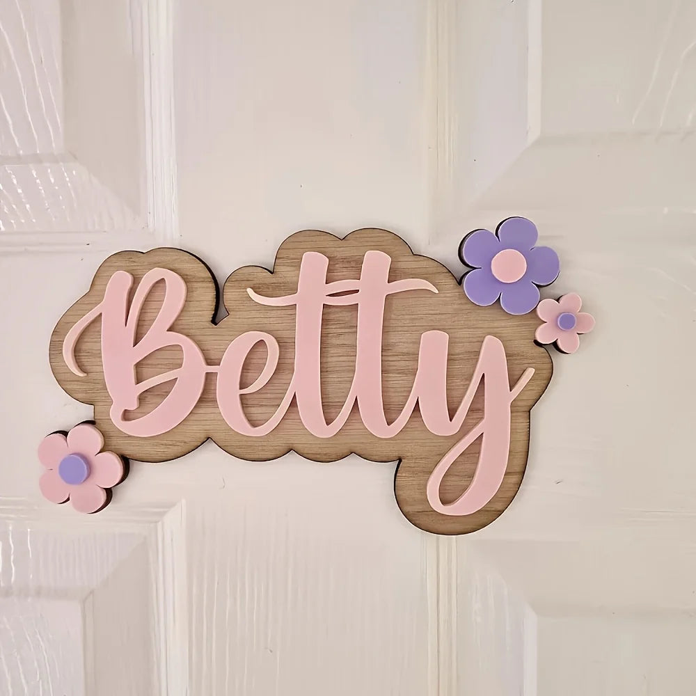 plaque décorative personnalisable bois gravure laser lettres relief fleurs simple moderne couleur naturelle bleuclair