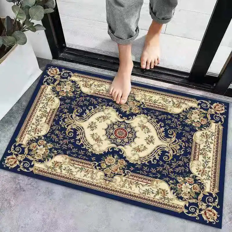 tapis sol classique motif fleurs baroque gris bleu rouge décoration maison vintage