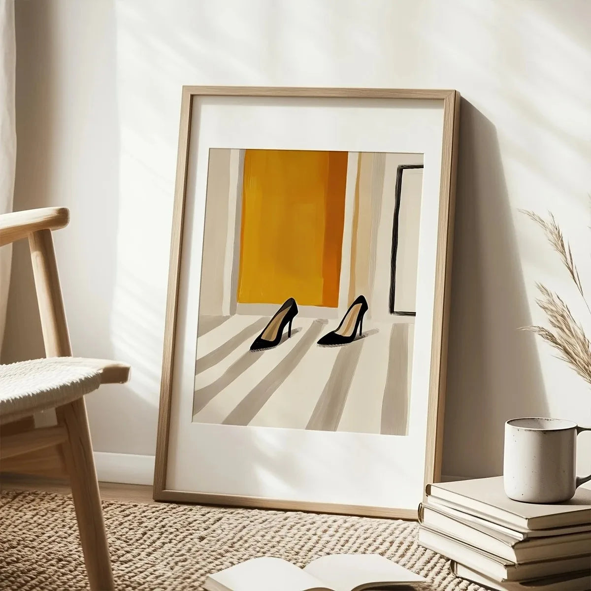 toile d'art moderne abstraite femme talons rayures noires blanches fond jaune 20x30cm 30x40cm 40x60cm