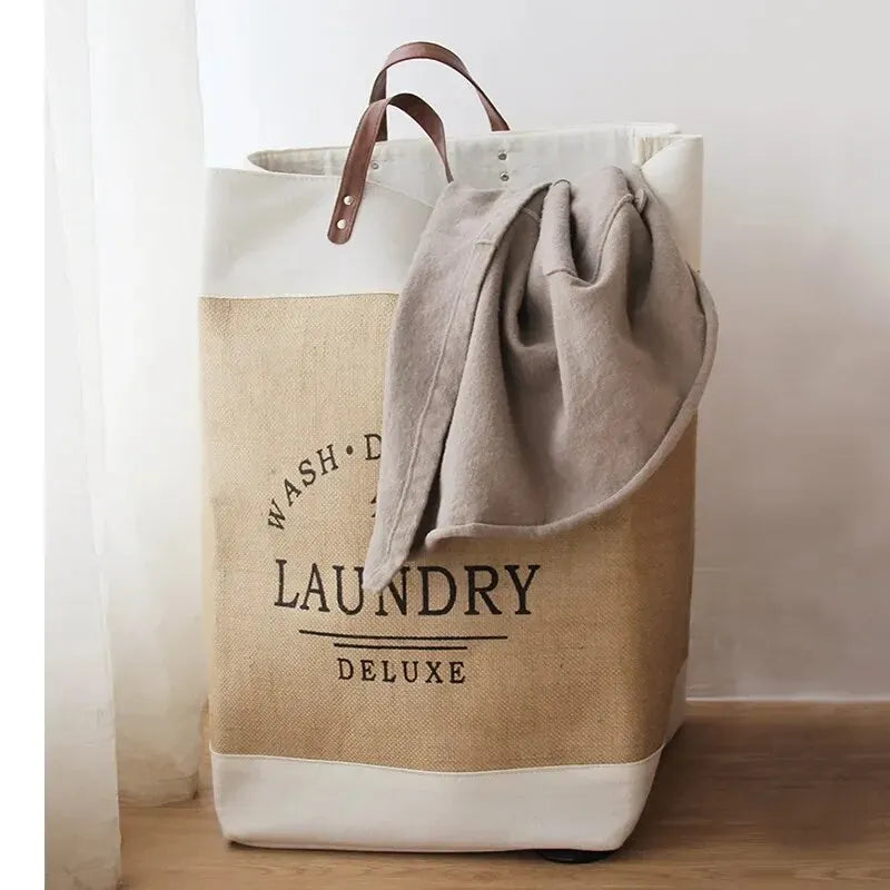 panier linge rustique vintage toile jute motif arbre poignées cuir beige blanc durable