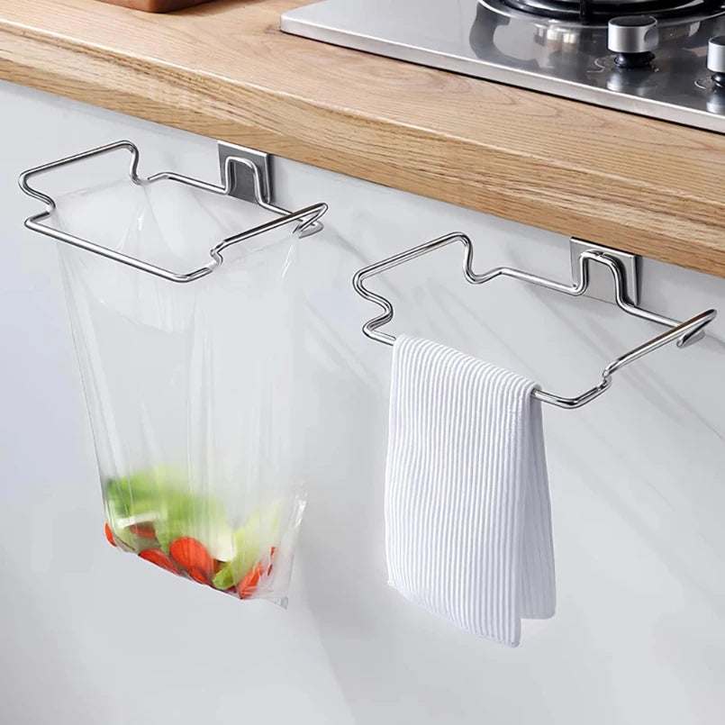 porte sac poubelle suspendu argenté moderne minimaliste sacs transparents fixés pince métal cuisine respectueux