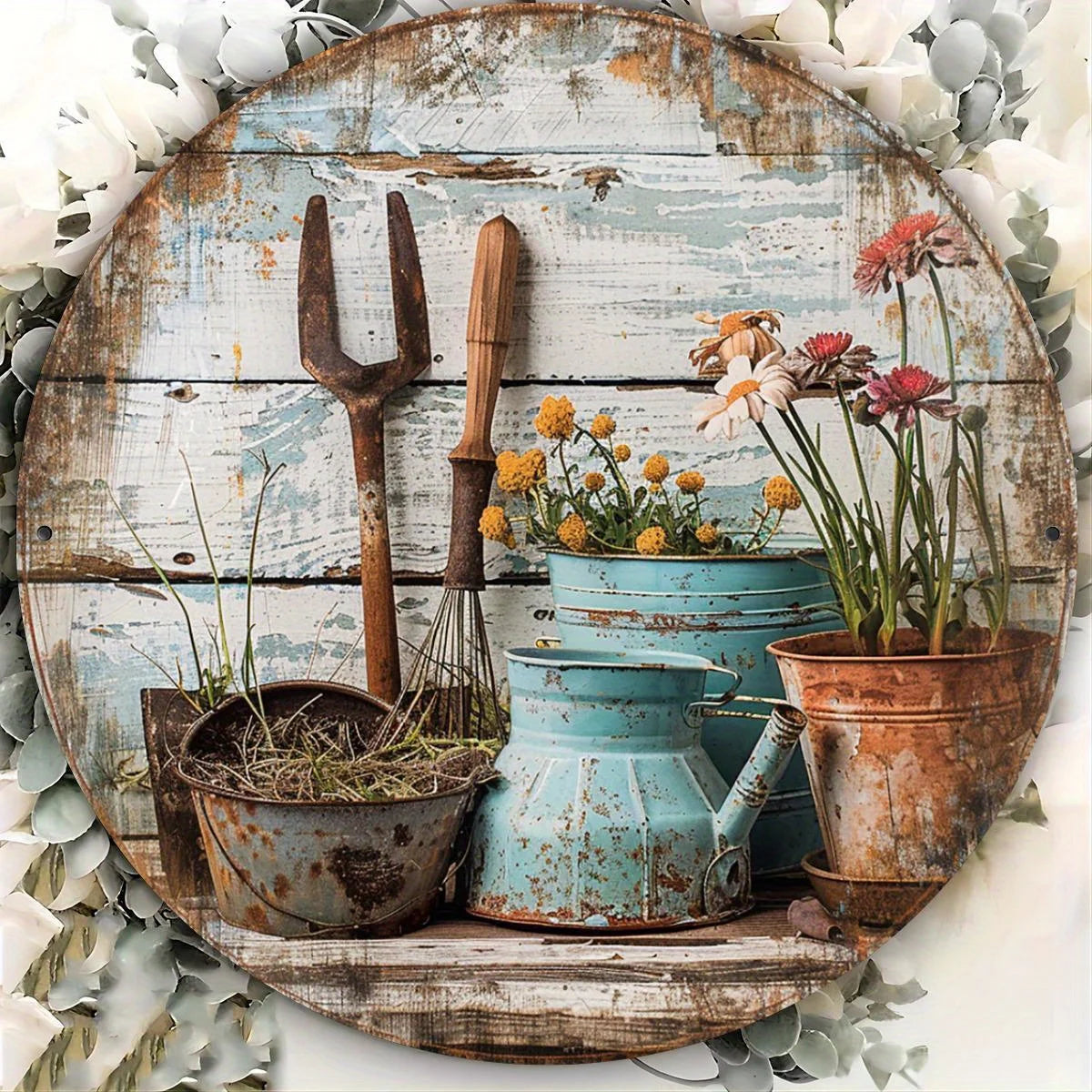 tableau mural rustique bois vieilli fleurs jardin outils bleu brun orange