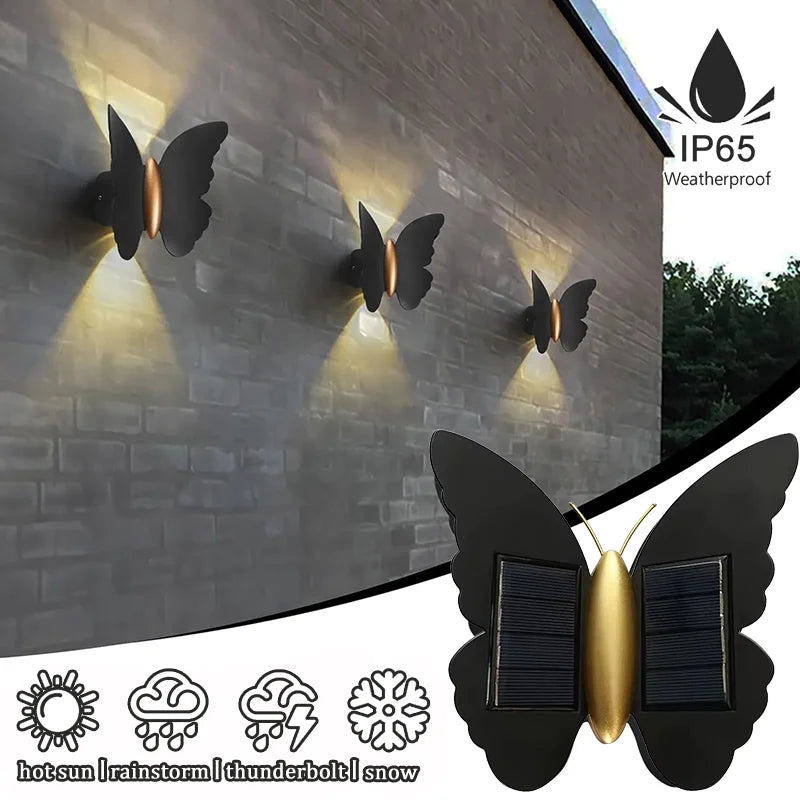 lampe murale solaire led papillon moderne noir doré extérieure adhésive ip44 rechargeable 2lumieres