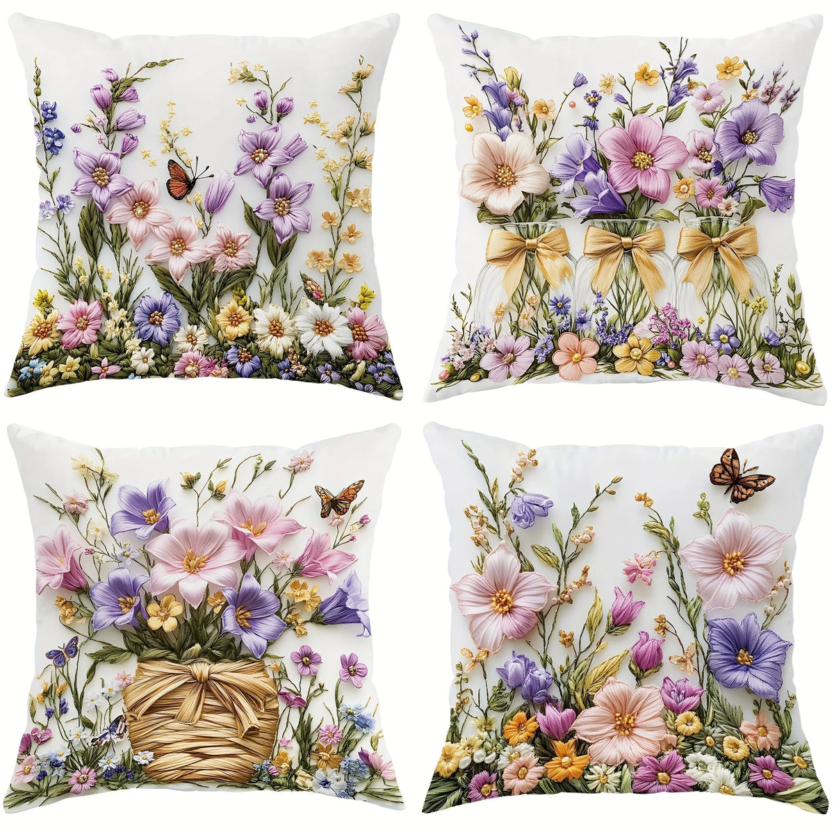 housse coussin fleurs papillons guirlande motif vintage blanc violet rose jaune vert zipper closure