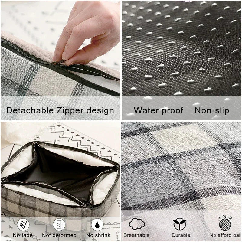 lit chien tissu doux carreaux gris blanc coussin matelas confortable amovible lavable intérieur