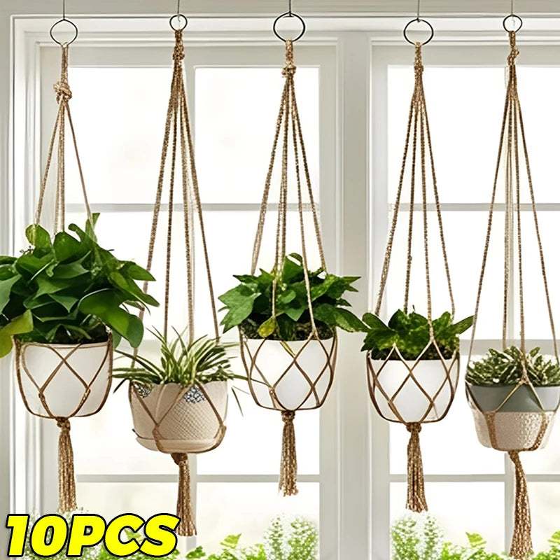 supports suspendus plante macramé tissé boho beige blanc gris anneaux métalliques artisanal fleur jardins