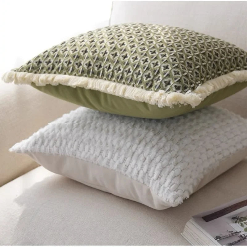coussin carré vert olive motif géométrique moderne jacquard sans rembourrage