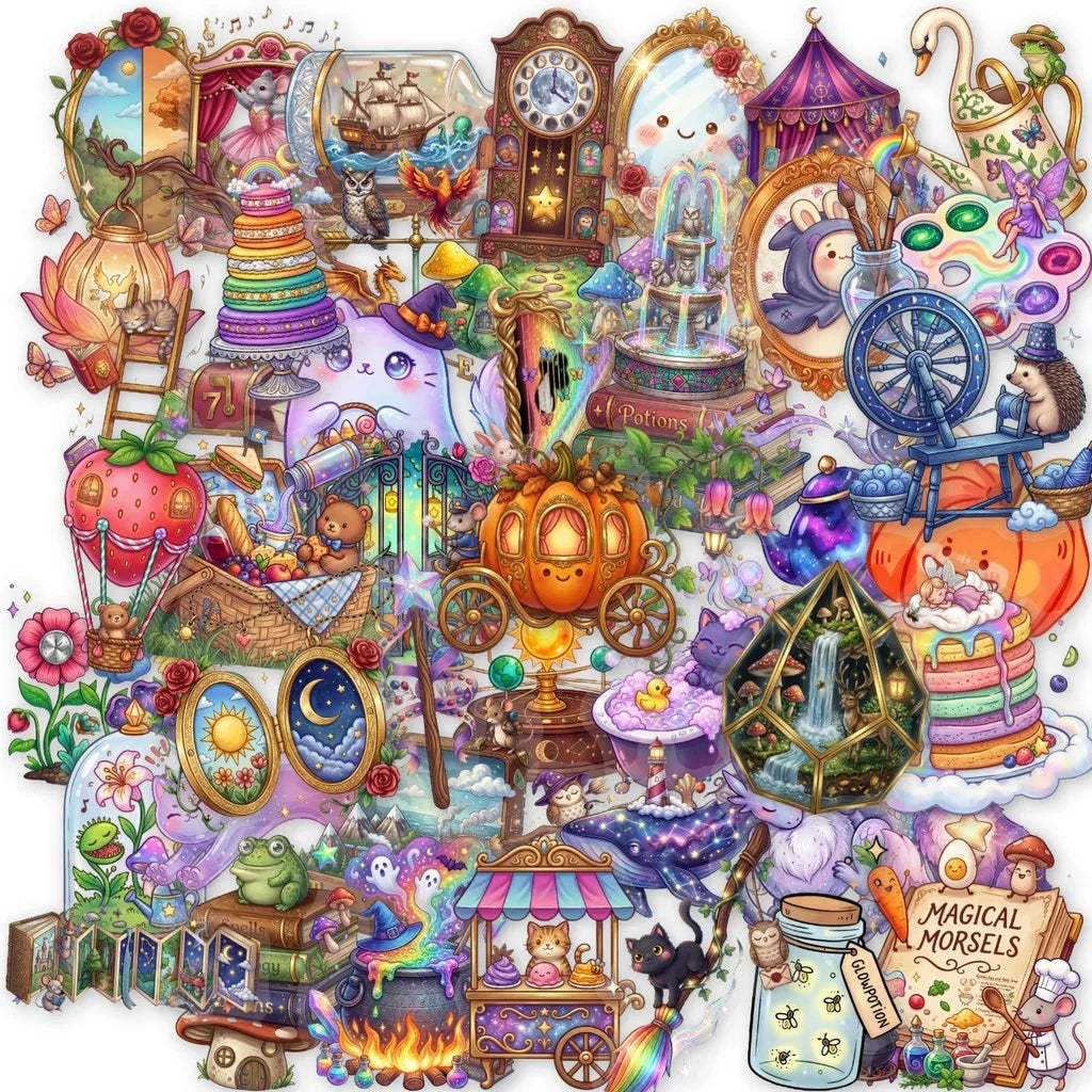 autocollants multicolores fantaisie cartoon animaux magiques objets enchantés livre souris carotte potion échantillon magique