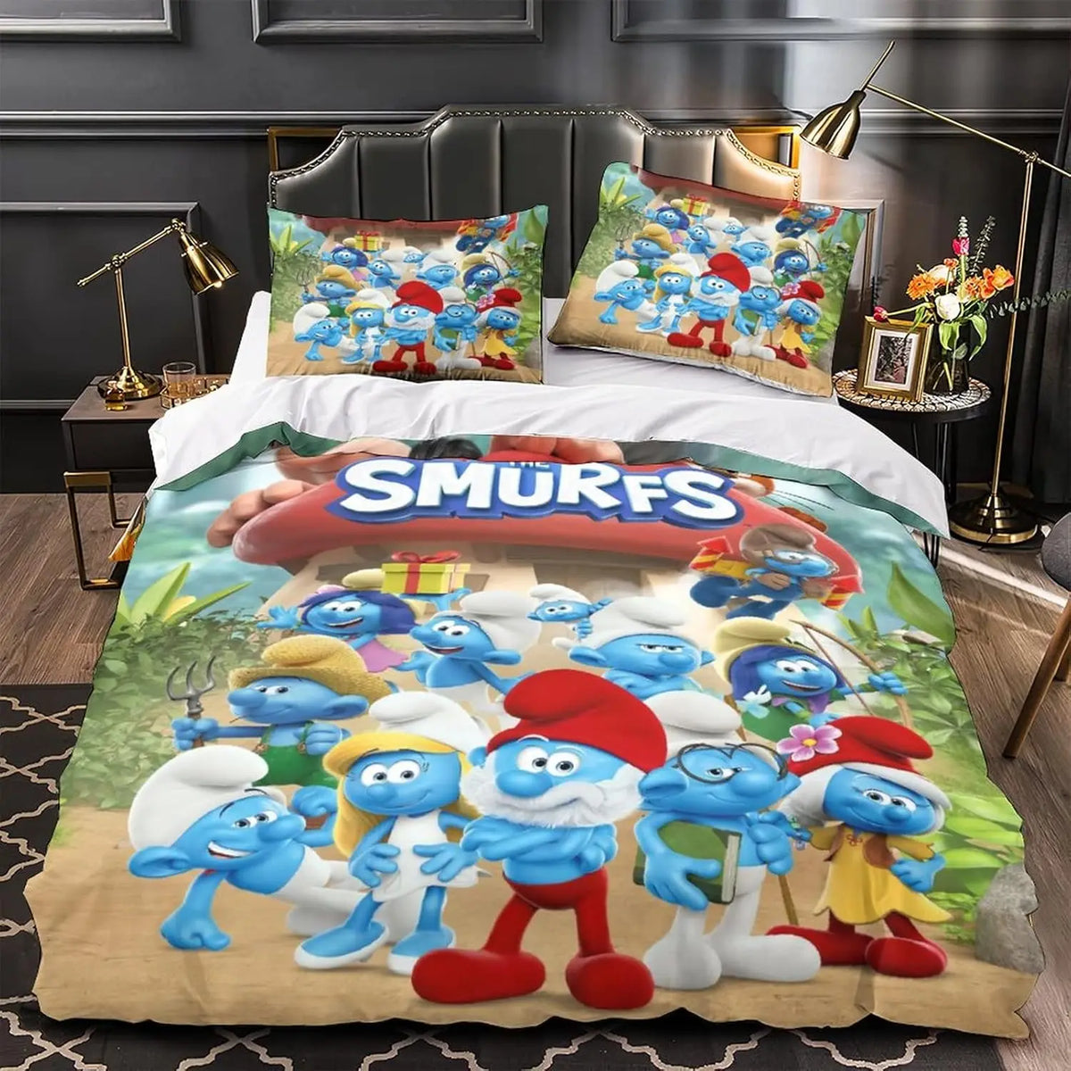 Détail du motif animé des Schtroumpfs sur la housse de couette