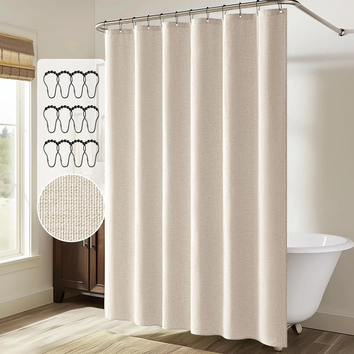 rideau douche moderne imitation lin beige opaque ourlet lesté crochets métalliques black