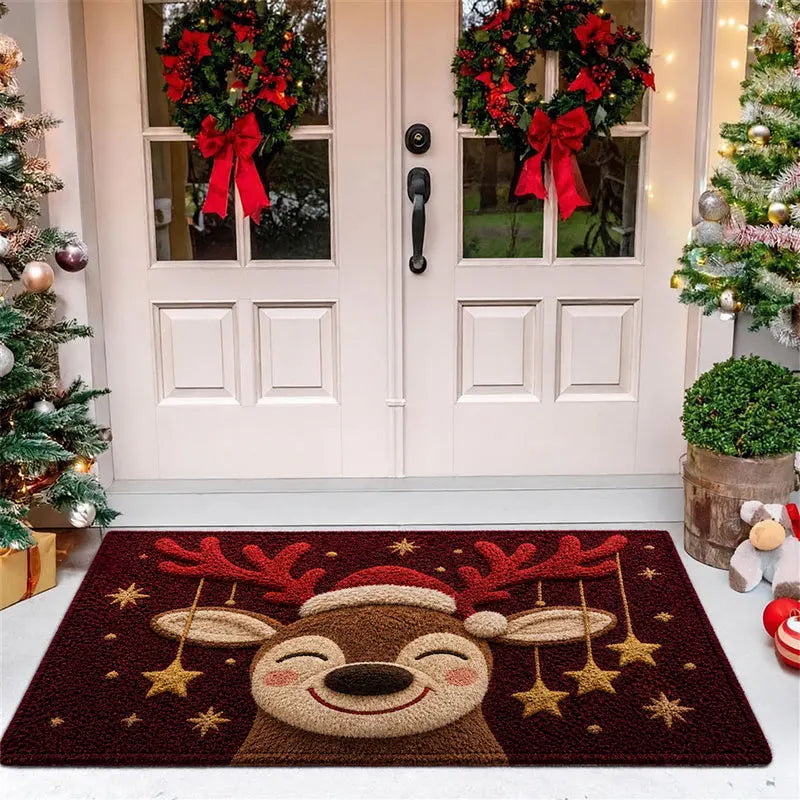 tapis sol antidérapant rennes souriants étoiles dorées extérieur entrée noël moderne rouge beige doré