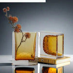 vase verre transparent jaune ambré moderne bulles air texturé fleurs rosesbranches orange