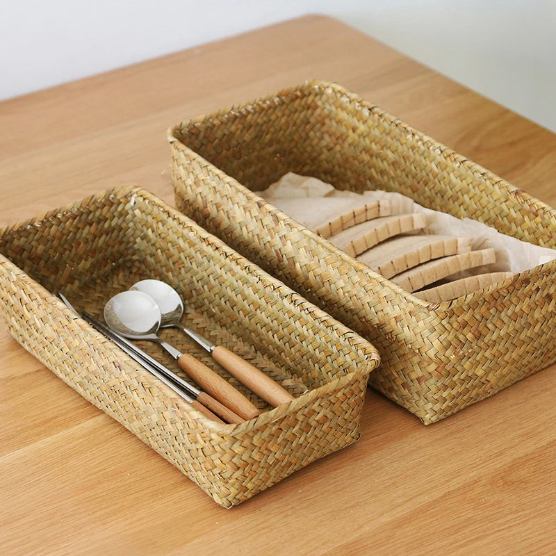 panier rangement paille marron clair rustique multifonctionnel réutilisable respectueux environnement tổ chức đồ dùng
