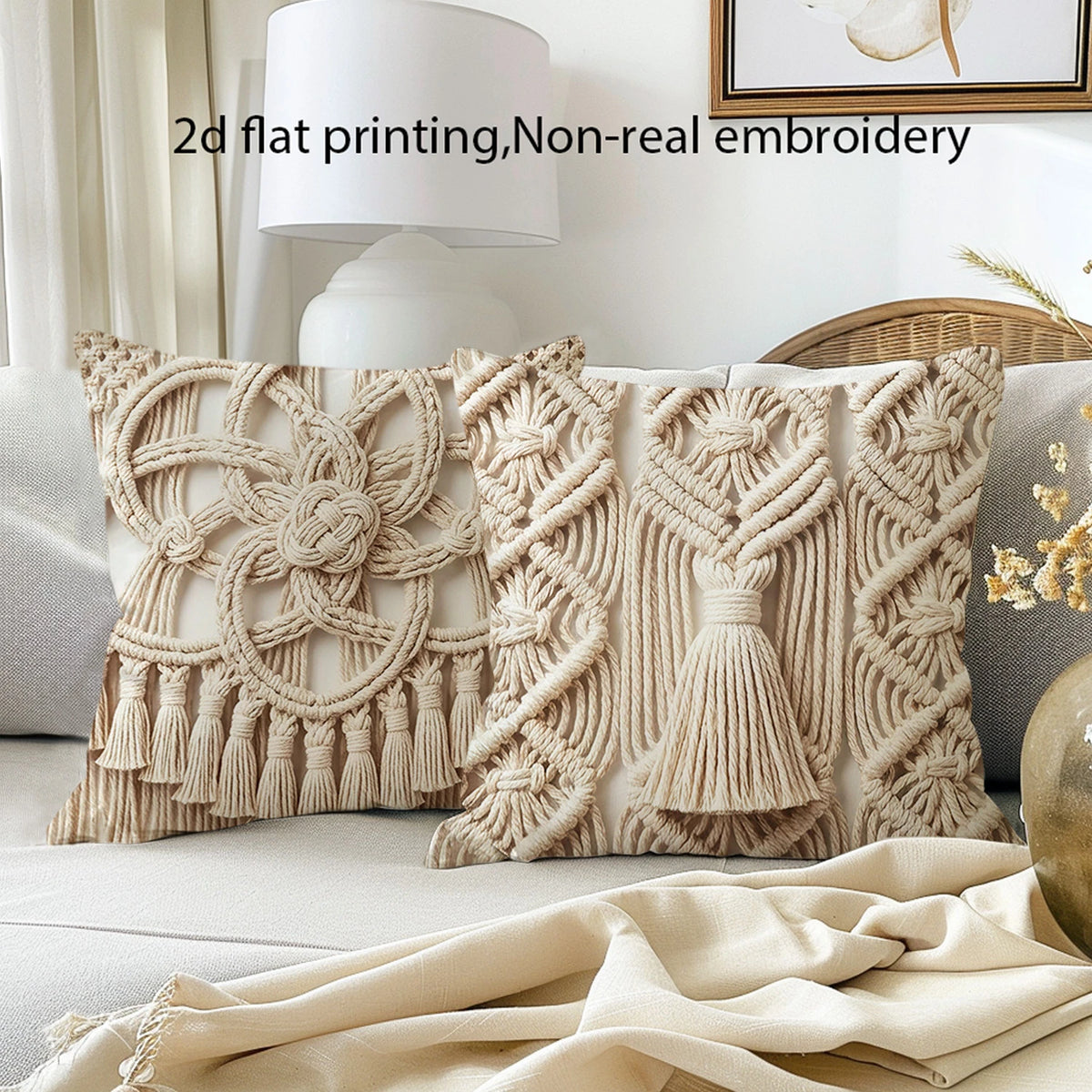 taies d'oreiller boho macramé beige clair franges décoratives maison lit hospitalière polyester peachskin