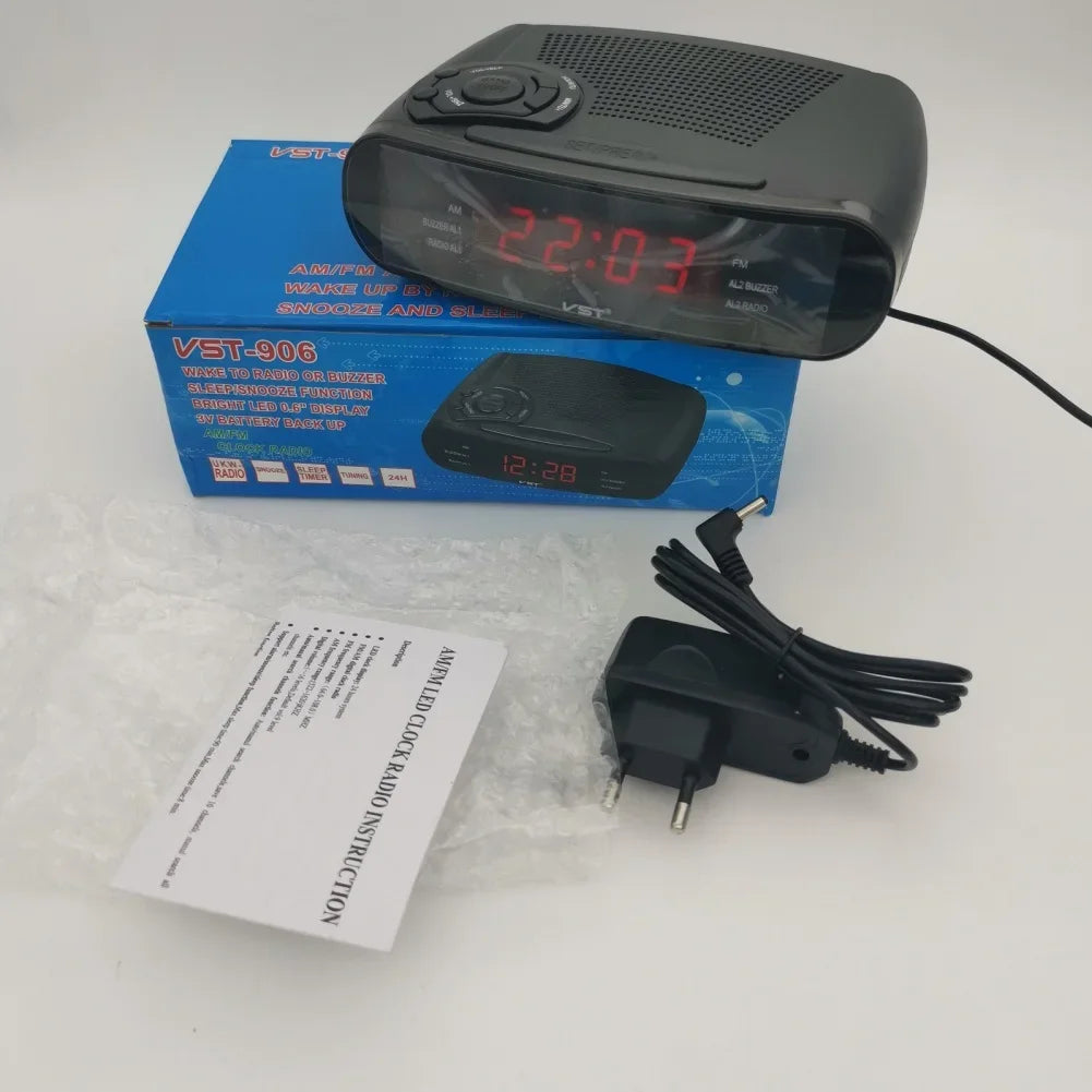 radio réveil numérique am fm led alarme snooze horloge moderne perforations noire table