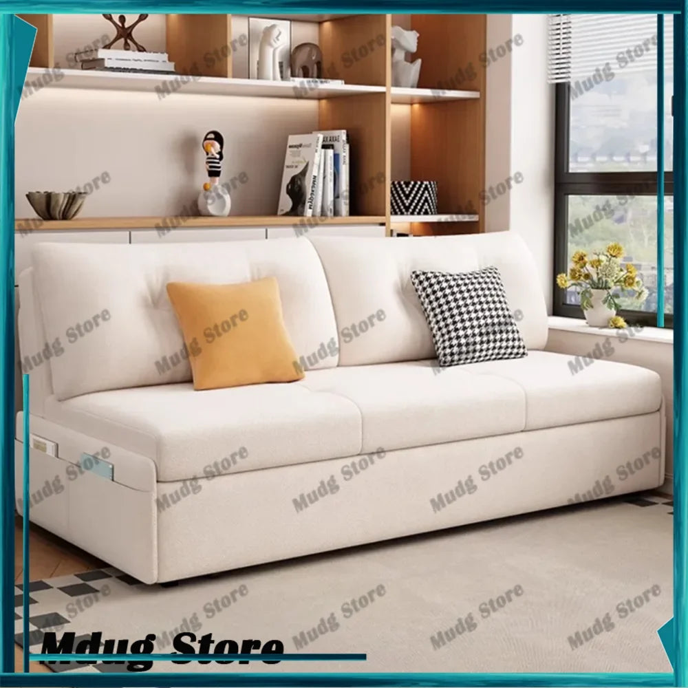 canapé lit moderne bois tissu composite couleur beige clair coussins minimaliste salon