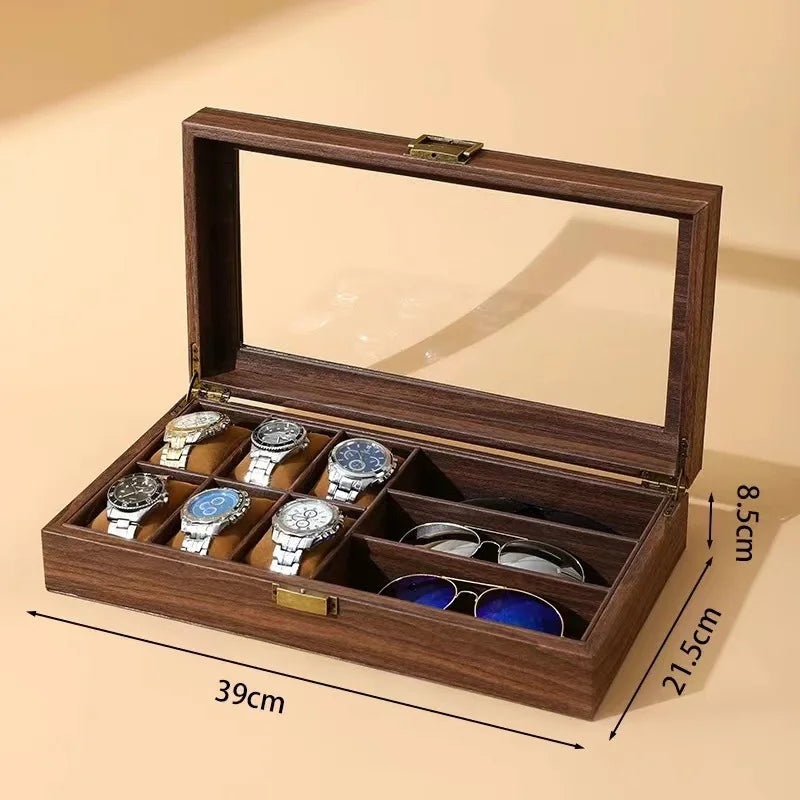 boîtes montres bois foncé grain naturel classique boutons dorés montres bracelets bijoux