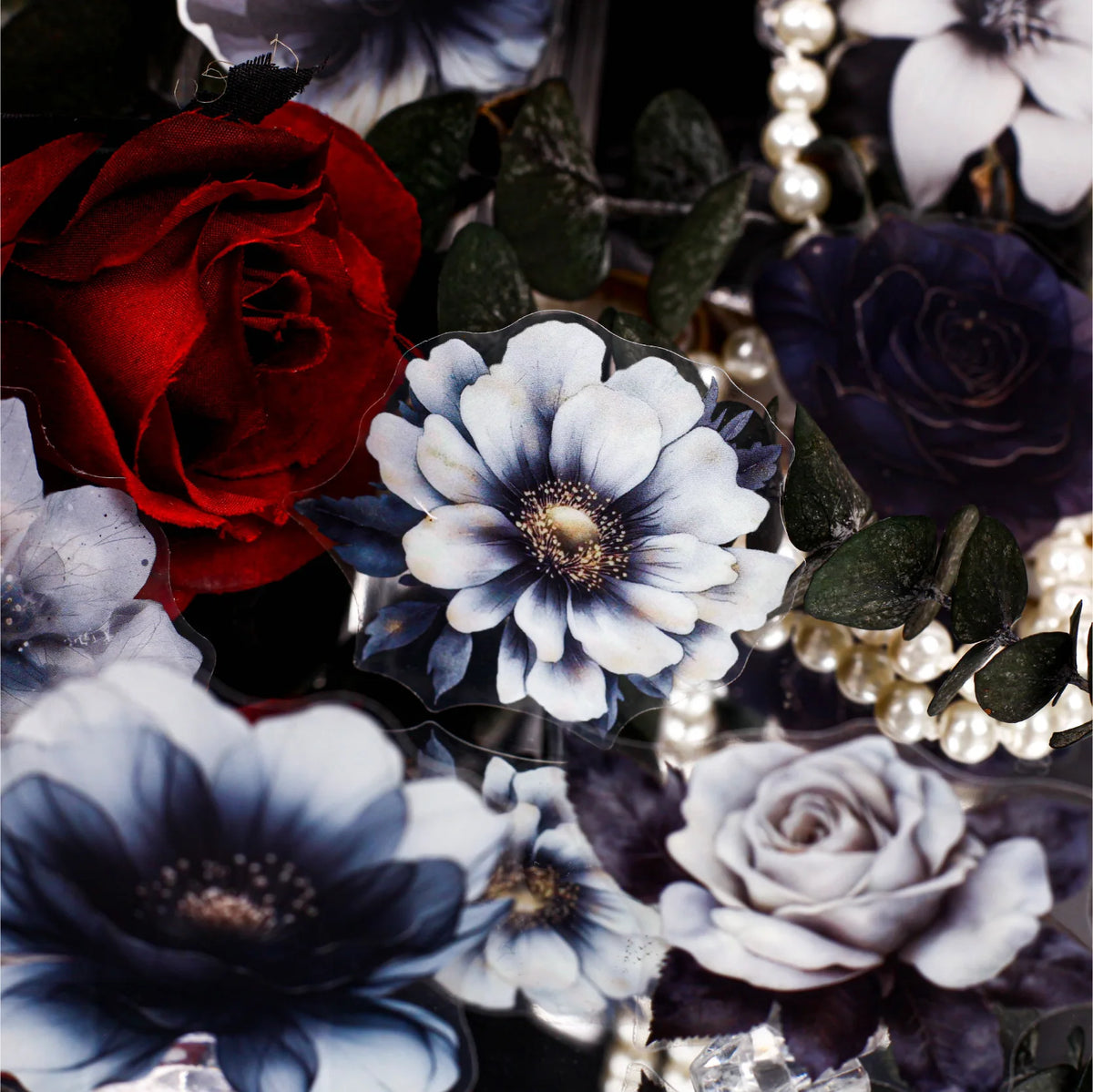autocollants fleurs anémones roses adhésif bleu blanc doré élégants scrapbooking collage