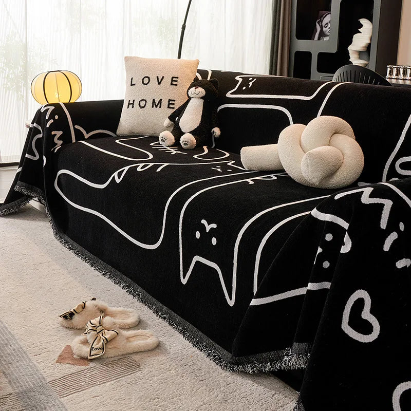 housses canapé chenille dessins animaux beige noir moderne lavable printemps été