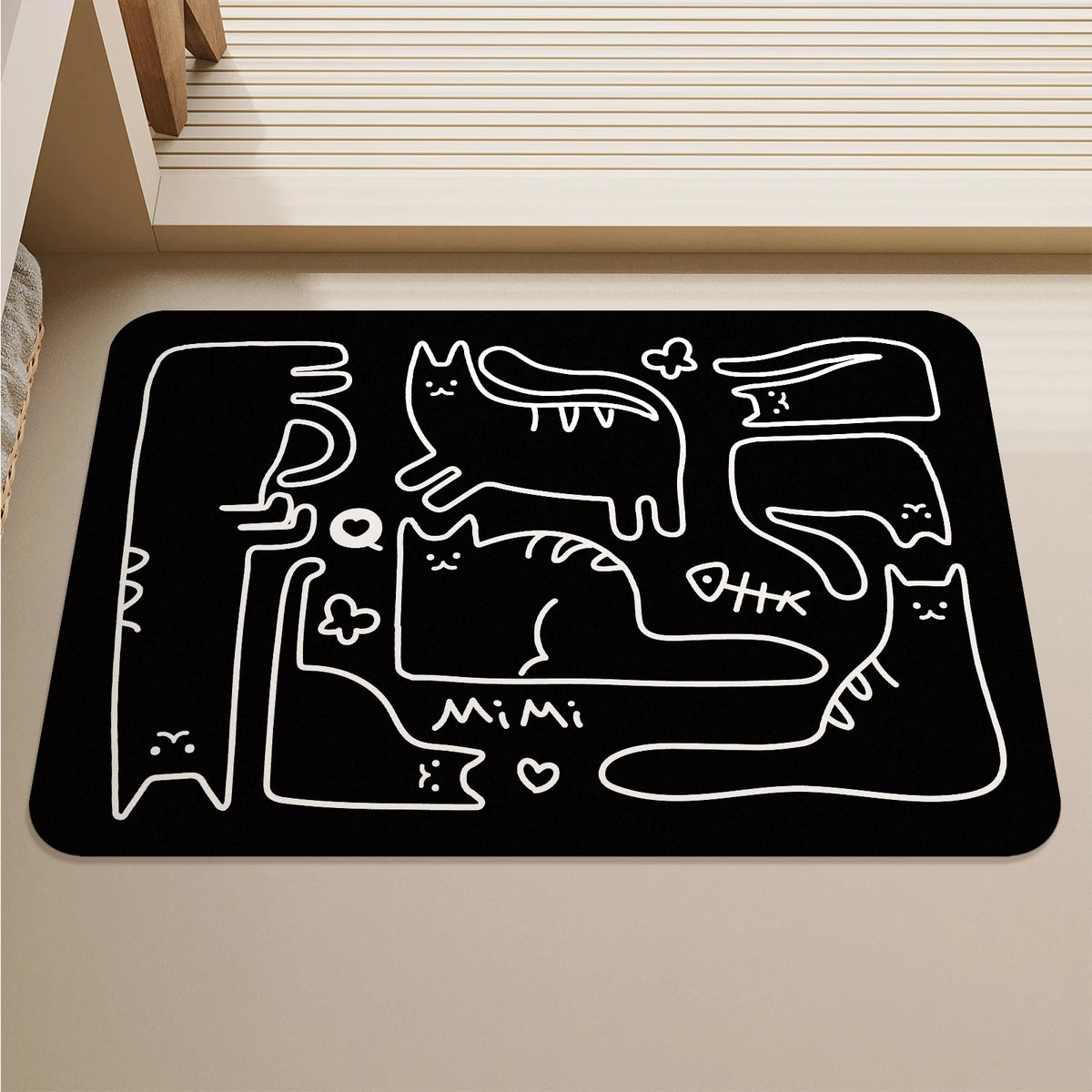 tapis sol caoutchouc antidérapant salle bain noir blanc dessins chats mimi cœur moderne